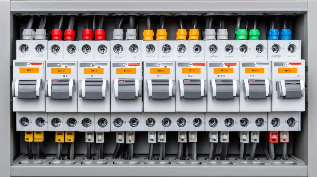 electrical panel showing circuit breakers and wiring connections photo 1