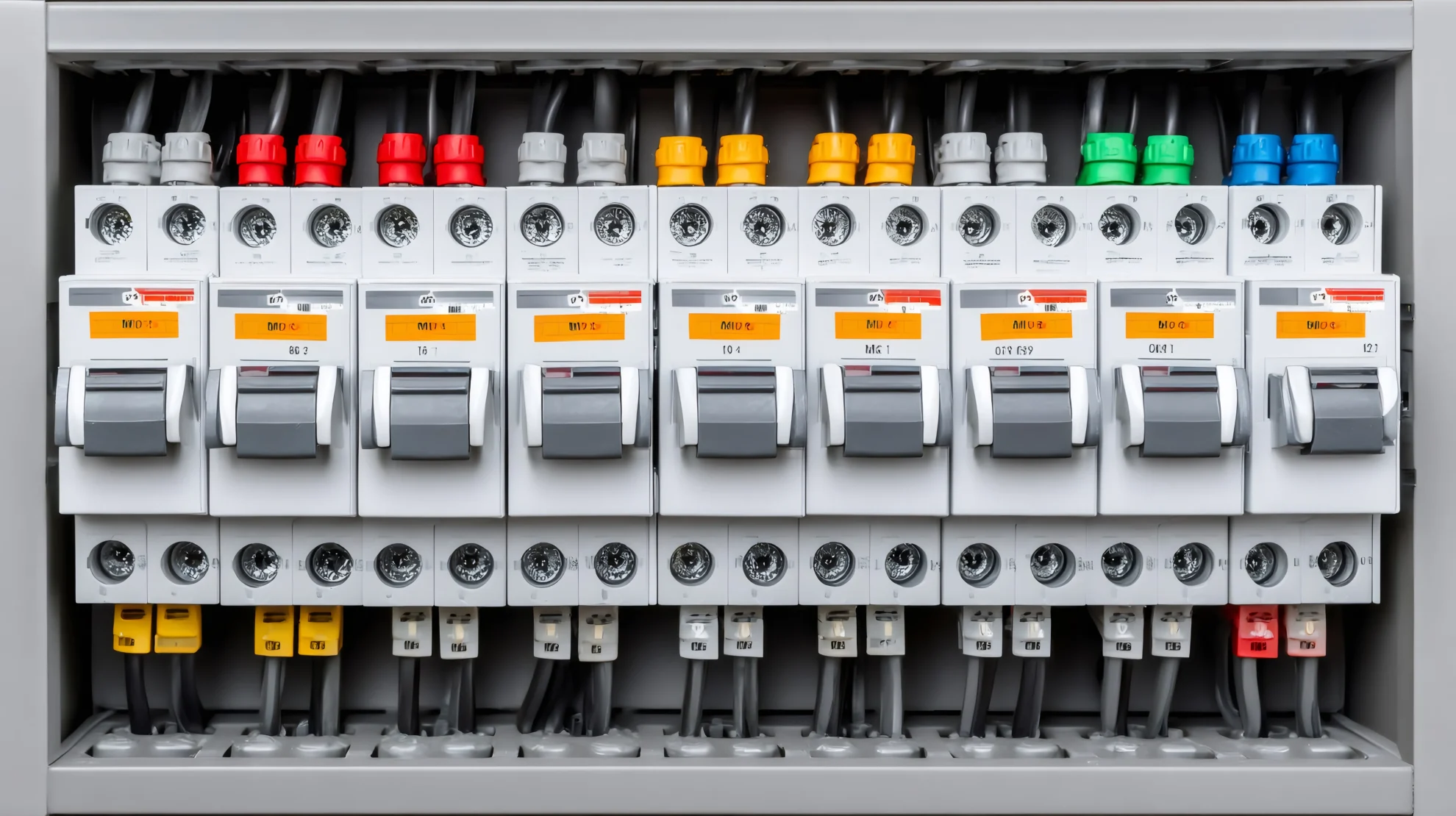 electrical panel showing circuit breakers and wiring connections photo 1